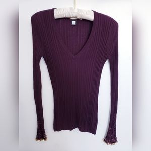 Class Roberto Cavalli Rib Knit Sweater Sequence Accent Burgundy Size 8